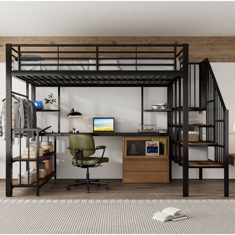 Lit mezzanine 120x200 avec échelle, métal bois noir HAVRYA (1/5)
