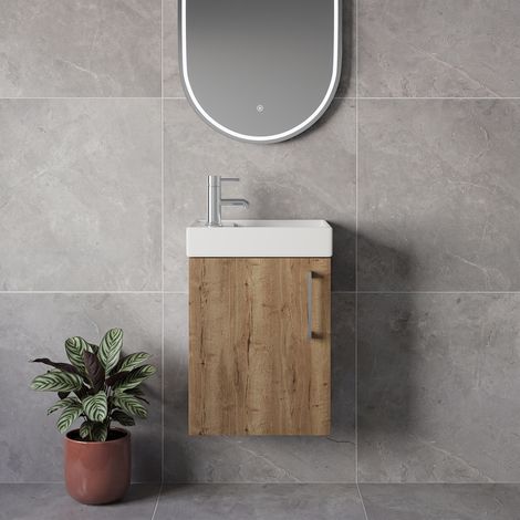 Napoli Cube Tobacco Oak 400mm Wall Mounted Single Door Vanity Unit with Align Basin - 400mm - Chrome 160mm Handle