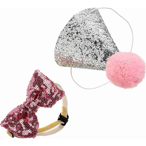 Casquettes d'anniversaire mignonnes pour animaux de compagnie, chat, chien, Costume de fête avec nœud papillon, couvre-chef rose (1/5)