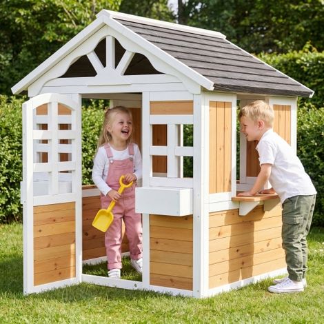 Cabane enfant extérieure en bois de sapin 113x100x132cm, maison de jeu résistante aux intempéries avec fenêtre et bac à fleurs intégré pour jardin (1/5)