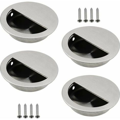 Lot de 4 Poignées Encastrées en Acier Inoxydable Argenté Poignée Porte Coulissante Ronde Ø50mm avec un Trou Semi-circulaire de 40 x 20mm Facile à Tirer - pour Porte Coulissante ou Autre Meuble,