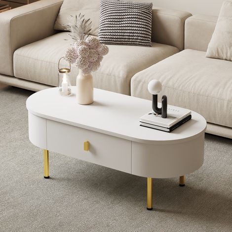 Table basse ovale 108 cm, avec 2 tiroirs, espace de rangement, poignées et pieds en métal dorées, table de salon en bois - Blanc (1/5)