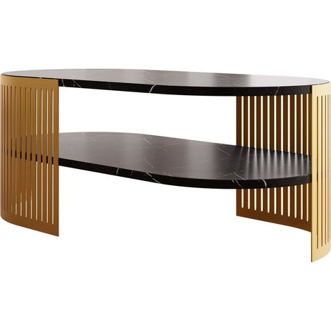 Mesa de centro Civer VII, Dorado + Mármol negro, 40x50x100cm, Diámetro: 0, Aglomerado laminado, Ovalada