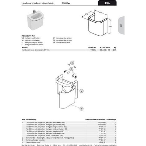 Ideal Standard tv073wh Porte de caisson dea, pour hwb-us b:500mm,
