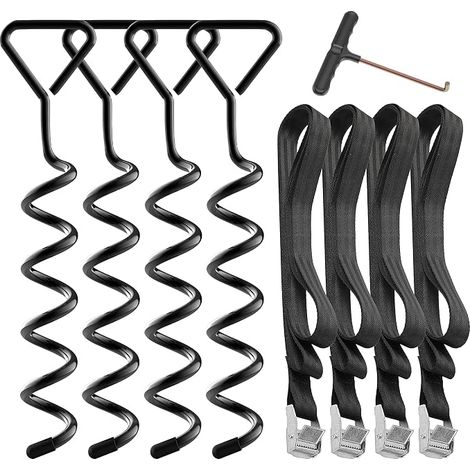 4 Sets Heavy Duty Anchor Stakes for Trampoline Ground Anchor Kit Galvanised Stainless Steel Stakes for Trampoline Garden Camp Swing with 4 Strong Straps Black (1/5)
