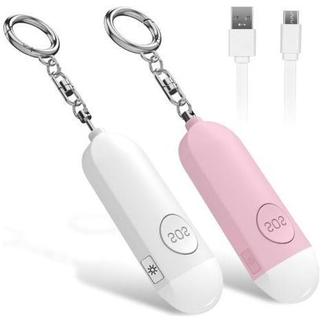 Alarme de poche rechargeable 2 pièces (rose + blanc), défense personnelle de base, livrée avec sirène anti-attaque 130 DB et lumière LED, adaptée aux femmes, aux enfants et aux personnes âgées (1/5)