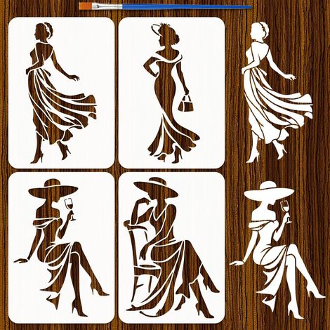 4pcs Pochoir de Peinture Femme Élégante avec Pinceau 21x29.7cm Modèle de Dessin Silhouette Femme Robe Chaise Verre Sac à Main Pochoir Thème Personnage pour Décoration de Sol (1/5)