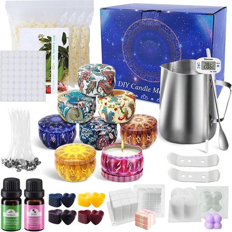 Kit de Fabrication de Bougies Bricolage DIY, avec Descriptif, Inclure 4 Paquets de Cire de Soja,8 Boîtes de Pots,80 Mèches de Bougie et 1 Cuillère et plus (1/5)