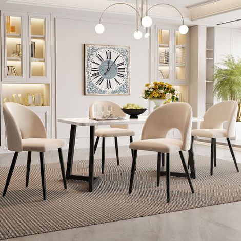Ensemble Repas Table Pieds Métal Noir + 4 Chaises Velours Beige Matelassage Losangé, Pieds Ajustables Charge Table 50kg Chaise 130kg (1/5)