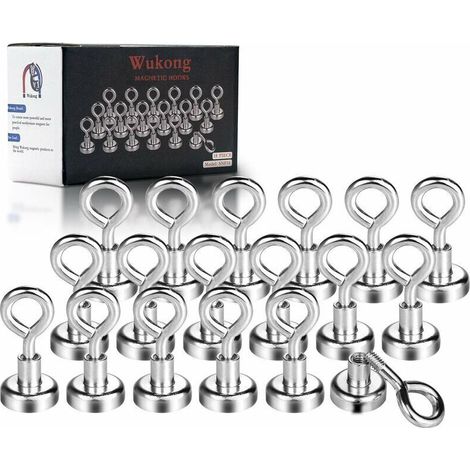 Crochet Magnetiques,18 Pièces Aimant Néodyme Puissant Diamètre 16 Mm 8Kg Force De Traction,Aimant Extrêmement Puissant Néodyme Avec Base Et Oeillet, Soit Une Vis Avec Boucle Galvanisé