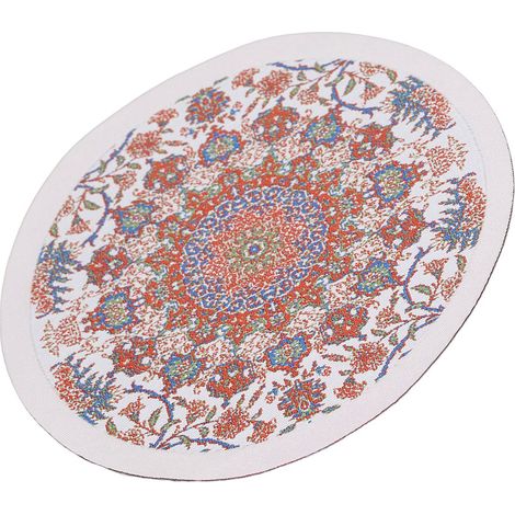 Tapis rond miniature style vintage pour chambre de maison de poupée, échelle 1:12, motif floral rouge sur fond blanc. (1/5)