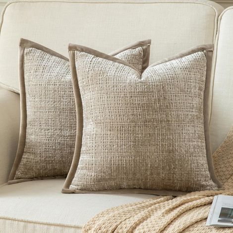 Lot de 2 Housses de Coussin Décoratives Texturées Chenille Taie d'oreiller Uni Accentuelle Housse Douce et Confortable avec Dos en Velours pour Canapé Sofa Lit Salon 40x40 cm Kaki (1/5)