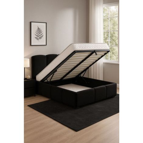 Lit Coffre de Rangement Delphine en Velours – Élégance Douce et Fonctionnalité Optimale (Taille: Noir - Couleur: Lit + Sommier (1/3)