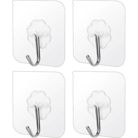 Lot de 4 crochets adhésifs transparents, crochets muraux solides sans perçage, crochets en PVC épais épais auto-adhésifs pour porte-serviettes cuisine salle de bain salon (6 x 6 cm) (1/5)