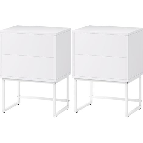 Lot de 2 tables de chevet étroites avec 2 tiroirs, ouverture push-lock, pieds en acier, 40x30x55 cm, blanc (1/5)