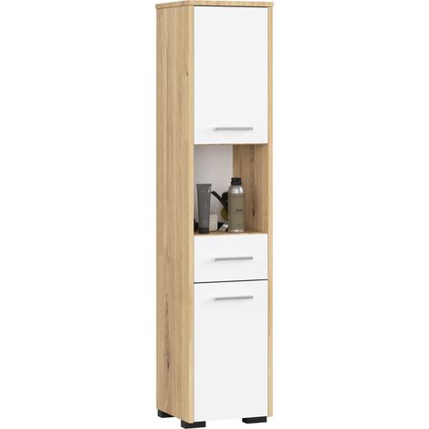 Colonne salle de bains AKORD FIN Chêne Artisan 30 cm 2 portes 1 tiroir façade Blanche 5 étagères 30x30x140 cm (1/5)