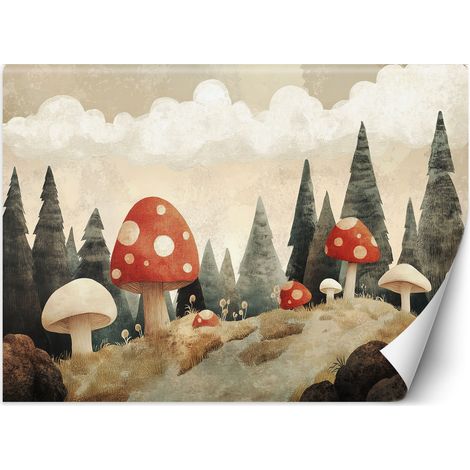 Tapete für Kinderzimmer Pilze Waldbäume Natur Beige 150x105 cm