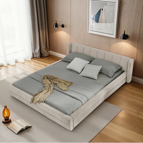 Cama doble minimalista 160x200 cm en chenilla beige con cabecero acolchado ergonomico y estructura reforzada (1/5)