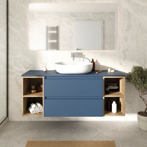 Mobile bagno sospeso 120cm due cassetti con top alby blue e due vani a giorno rovere chiaro Hexa (1/4)