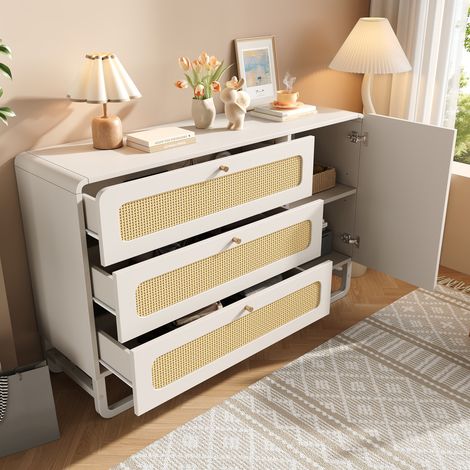 Commode 120x85x40 cm avec tiroirs et porte, style campagne, étagères réglables, bois et métal, blanc