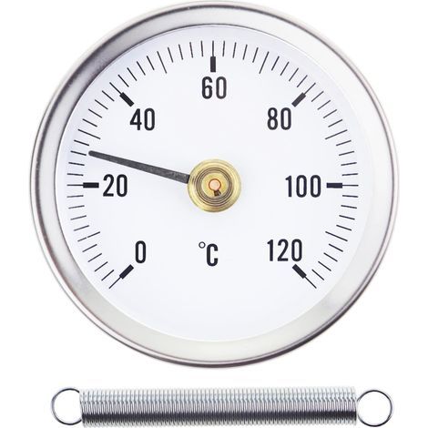 Federbelastetes Thermometer 0–120 °C mit Rohrbefestigungsklemme, bimetallische Edelstahloberfläche – 63 mm (1/5)
