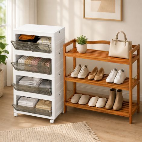 Juego de almacenamiento de acacia de 3 niveles (2 piezas): zapatero de madera con ganchos y caja plegable con ruedas de 168 L (1/5)