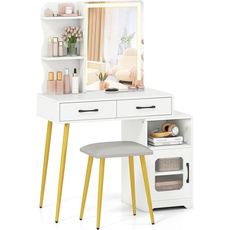COSTWAY Modern Vanity Set Mirror Lights Dressing Table with Stool Reversible White (1/5)