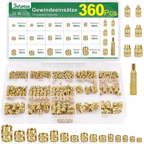 Lot de 360 inserts filetés M2 M2.5 M3 M4 M5 M6, écrous de fusion en laiton avec fer à souder, aide à la fusion, filetage moleté pour pièces en plastique, inserts filetés pour pièces (1/5)