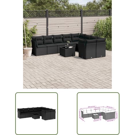 The Living Store 10-tlg. Garten-Sofagarnitur mit Kissen Schwarz Poly Rattan - Gartenmöbel Set - PE-Rattan Möbel - Outdoor Sofa - Esstisch - Lounge Garnitur (1/3)