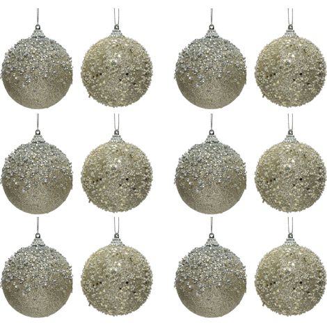 OFFERTA 12 SFERE GLITTERATE DA APPENDERE D.8CM CHAMPAGNE MODELLO ASSORTITO