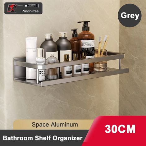 (30 cm Gris) Étagère de salle de bain sans perçage, en aluminium, à suspendre au mur. (1/5)