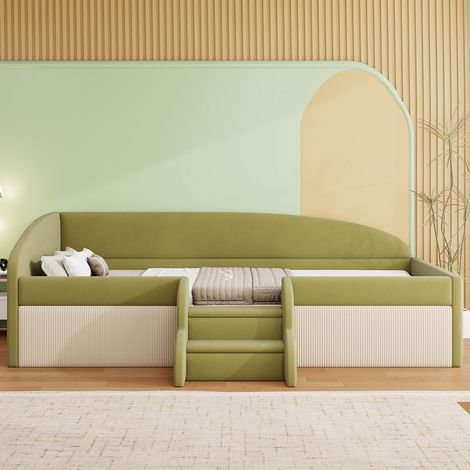 Letto per bambini 90x190 cm con protezione laterale, scale antiscivolo e sommier robusto, verde in velluto imbottito (senza materasso)