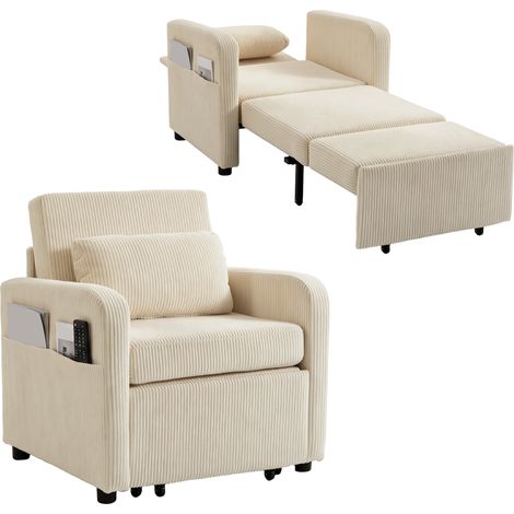 HOMCOM sofá cama 1 plaza convertible, 3 en 1, sillón cama de pana con respaldo ajustable, almohada extraíble, para salón, dormitorio, beige (1/5)