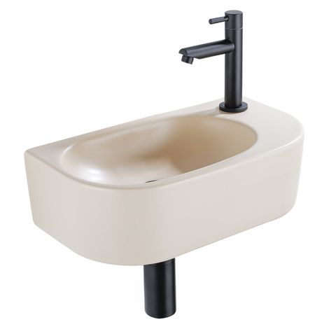 QeramiQ Fuente Ensemble de lavabo - 40x21.5x12cm - droit - lisse - demi-rond - 1 trou de robinet - céramique - robinet de lavabo noir mat - bonde - (1/5)