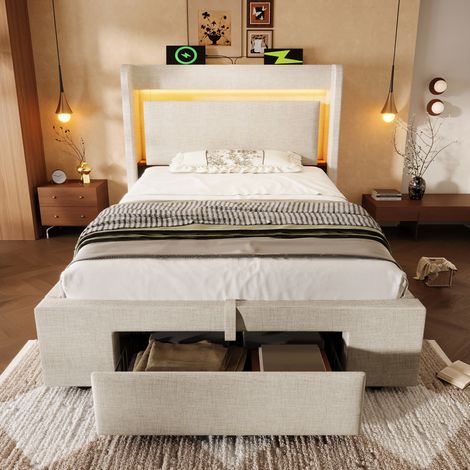Lit rembourré 90x200 cm avec rangement hydraulique et tête de lit avec compartiment de rangement, éclairage LED, ports USB et USB-C, cadre de lit à lattes en bois, beige, lin, sans matelas (1/5)