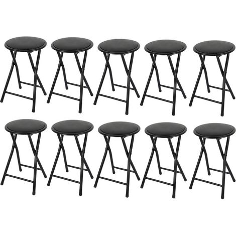 Lot de 10 tabourets pliants - Assise PVC Structure Métal Noir - D 30 x H 45 cm - Livraison gratuite