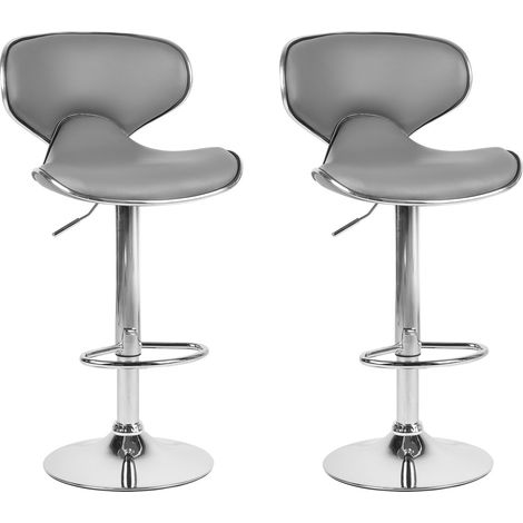 Beliani – Lot de 2 tabourets de bar pivotants en cuir PU gris et métal brillant – Hauteur réglable 62-84 cm – Repose-pied confortable – Design moderne