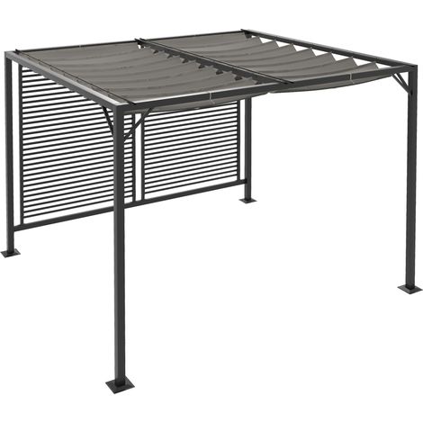 3 x 2.8m Metal Pergola, with Retractable Fabric Roof - Grey