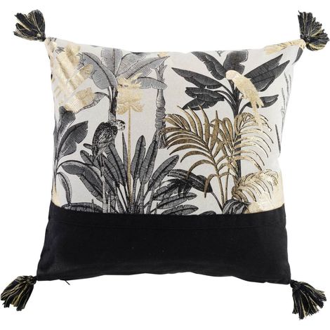 Douceur D'Intérieur – Coussin déhoussable 40 x 40 cm – Coton imprimé métallisé – Pompons décoratifs – Design tropical chic (1/5)