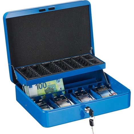 Relaxdays Cassetta di Sicurezza per Soldi, con Scomparto per Monete e 4 Vani per Banconote, 8,5x30,5x24,5 cm, Blu