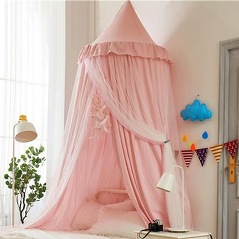 Double Layer Princess Round Dome Bed Canopy for Girls, Children's Dreamy Mosquito Net, Linen Castle Play Tent, Hanging House Decor, Reading Niche Canopies (Pink/White) (1/5)