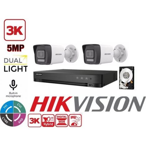 KIT VIDEOSORVEGLIANZA HIKVISION 4 CANALI 5 MPX 2 TELECAMERE BULLET 5MPX 3K HYBRID LIGHT HDD 500GB