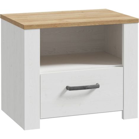Nachttisch mit 1 Schublade und 1 Nische - BOHOL - Eiche / Weiß - B61,6 x T42 x H52 cm