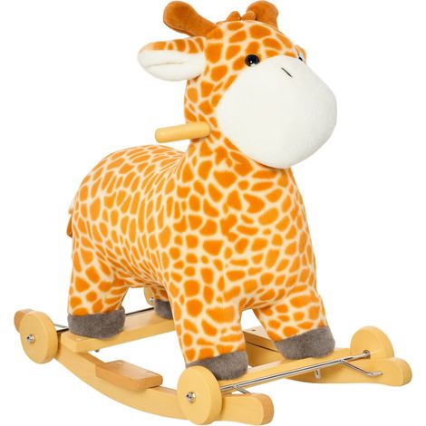 Jouet à Bascule Girafe et Porteur sur roulettes 2 en 1 Fonction sonore mugissement Bois peuplier Peluche Courte Polyester tacheté (1/5)