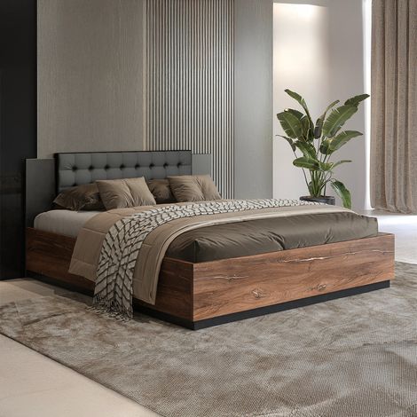 Cama 140x200 incluido somier Alec Madera oscura y Negro (1/4)