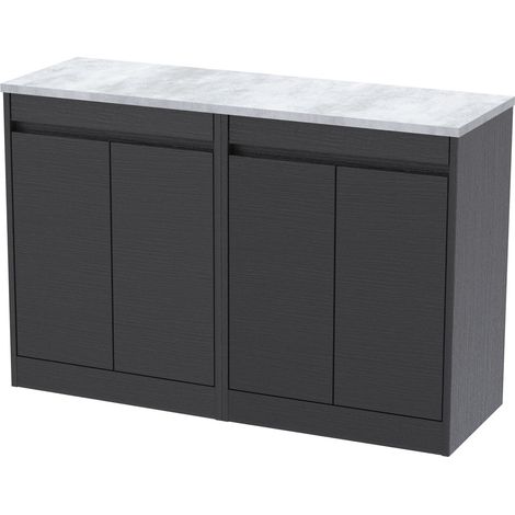 Chartley Contemporary Floor Standing 4 Door Vanity Unit with Bellato Grey Laminate Worktop, 1200mm, Woodgrain Graphite Grey
