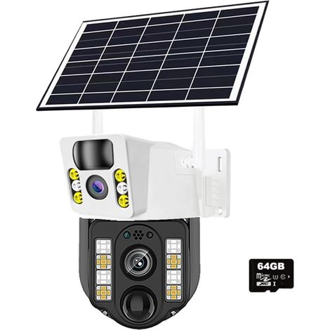 Caméra Solaire 4K 8MP à Double Objectif, 4G, WiFi, sans Fil, Batterie, Faible consommation, IP, détection de Mouvement PIR, vidéosurveillance Externe(WiFi Cam 64GB Card) (1/5)