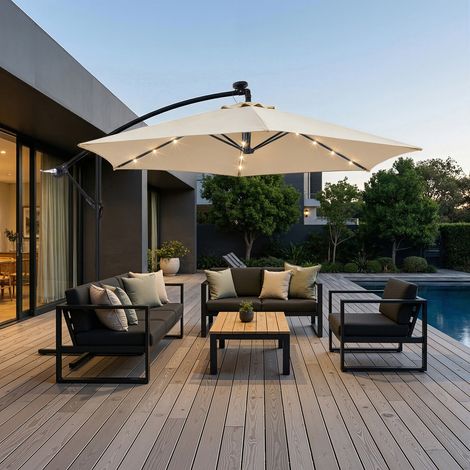 WOLTU Sonnenschirm 300 cm, Terrassenschirm mit Solar-LED-Beleuchtung, Gartensonnenschirm 360° drehbar, Sonnenschutz UPF 50+, mit Windschutzseilen Schutzhülle, für Balkon Garten Terrasse Beige