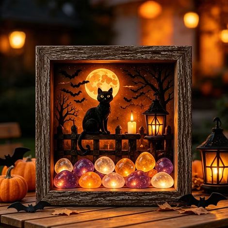 Halloween Shadow Box Kit, Lampe Halloween Chat de Mer et Lune LED Format A4, Décoration Créative, Secteur