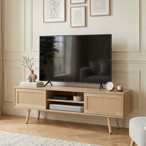 TV Schrank 150x49x12 cm, mit zwei Schiebetüren, drei verstellbaren Einlegeböden, Rattan Flechtdesign, MDF, Naturholzoptik (1/5)